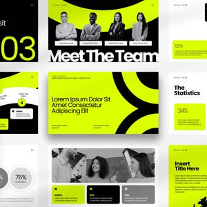May include: A digital presentation template featuring a high-contrast color scheme of lime green, black, and white. The layout includes various slides with placeholders for text, statistics, charts, maps, and black-and-white team photographs.