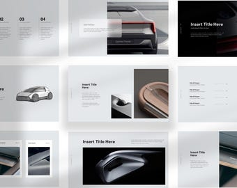 Pode incluir: Apresentações de design minimalistas com foco em design automotivo. Os slides apresentam um esboço de carro, detalhes do carro e caixas de texto com as palavras "Insert Title Here". A paleta de cores é principalmente cinza e branco.