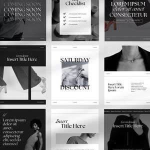 May include: A collection of black and white promotional graphics. Some feature text like "COMING SOON", "SATURDAY DISCOUNT", and "Insert Title Here". Other graphics show fashion elements, including a necklace and high heels.
