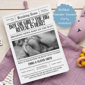 Baby Newspaper, Gender Reveal Games, Gender Reveal Decorations, Gender Reveal Invitation, Baby in Bloom, Soon to be Mom, Newspaper Print