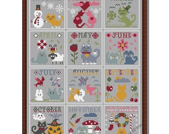 Cross Stitch Cat Calendar Pattern: Seasonal Embroidery (PDF Pattern)