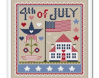 4th of July House Cross Stitch Pattern: USA Flag Floral (PDF Pattern)