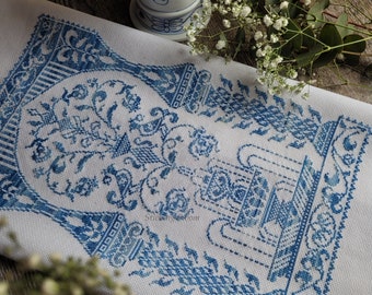Cross Stitch Pattern, Sampler, single color, monochromatic, fountain, birds, flowers, floral, large