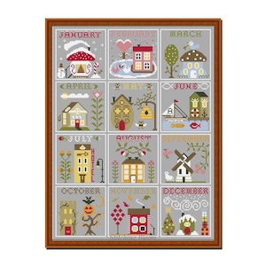 Kruissteekkalender, huiskalender, seizoenskalender, primitief borduurwerk, klassiek, kruissteekpatroon, kalender, kalenderpatroon