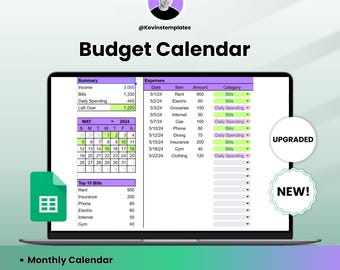 Budget Calendar Spreadsheet, Monthly Finance Tracker, Bill Organizer, Personal Budget Planner, Expense Tracker Template