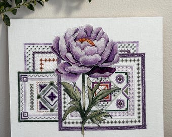Padrão de ponto cruz de peônia violeta: Bordado moderno com borda geométrica (PDF + padrão OXS)