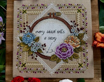 花柄刺繍フープクロスステッチパターンPDF｜フローラルフープデザイン｜一針一針に物語｜装飾ステッチ｜ビーズサンプラー