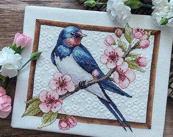 Swallow and Apple Blossom Cross Stitch Kit: Summer Embroidery