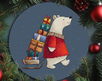 Схема для вышивки крестом, рождественский медведь, милый зимний медведь, подарки, PDF-файл для вышивки крестом