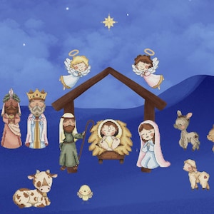 May include: A nativity scene featuring a manger, baby Jesus, Mary, Joseph, three wise men, two angels, a camel, a donkey, a sheep, a cow, and a star. The scene is set against a blue night sky with stars.