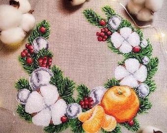 Cross stitch pattern Cotton wreath, Christmas, winter