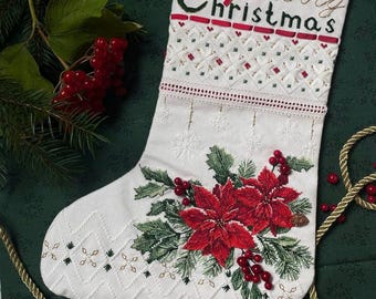 Christmas Stocking Cross Stitch Kit: Poinsettia Design (25x35 cm)
