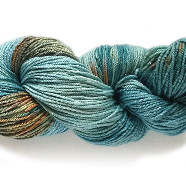 Hand-painted, sparkly, DK-weight, super-soft luxury merino wool/silk yarn in Turquoise (turquoise, aqua, teal, copper), December birthstone