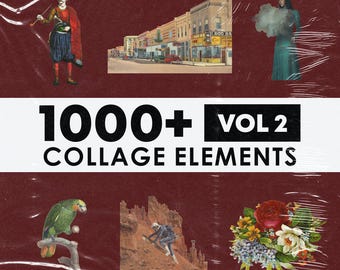 May include: A collage featuring vintage illustrations and photographs. The design includes a man in traditional clothing, a street scene, a woman in a dress, a parrot, a climber, and a floral arrangement. The text "1000+ VOL 2 COLLAGE ELEMENTS" is prominently displayed.