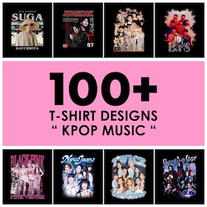 Könnte beinhalten: Eine Collage aus neun Bildern mit K-Pop-Bandmitgliedern. Jedes Bild zeigt einen anderen Bandnamen und ein anderes Mitglied, darunter Suga, Jungkook, Blackpink, Twice und New Jeans. Der Text "100+ T-Shirt Designs "KPOP MUSIC"" ist in der Mitte der Collage dargestellt.