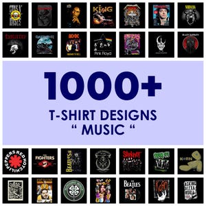 Könnte beinhalten: Eine Collage aus 18 verschiedenen Band-T-Shirt-Designs mit beliebten Musikern wie Guns N' Roses, Pink Floyd, Metallica und Nirvana. Der Text "1000+ T-Shirt Designs "Musik"" ist in blauer Schrift auf einem lila Hintergrund dargestellt.