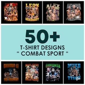 Pode incluir: Uma colagem de oito designs de camisetas diferentes com imagens de boxeadores famosos. Os designs são de estilo vintage com uma estética grunge. O texto nas camisetas inclui os nomes dos boxeadores, como "Muhammad Ali", "Mike Tyson" e "Gervonta Davis". O texto "50+ Designs de camisetas "Esporte de combate" é exibido no centro da imagem.