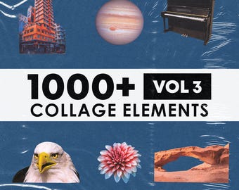 May include: A collage-style graphic with a blue background and the text "1000+ VOL 3 COLLAGE ELEMENTS." The image includes a building, a planet, a piano, an eagle, a flower, and a rock formation.