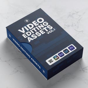 May include: A blue box with the text "VIDEO EDITING ASSETS VOL.1" on the front. The box has logos for After Effects, Lightroom, and Premiere Pro on the side.