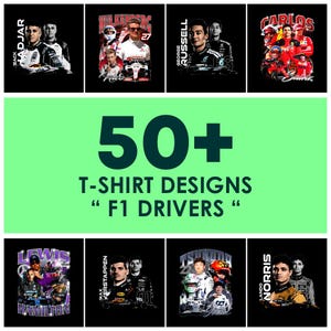 以下が含まれることがあります： フォーミュラ1ドライバーをフィーチャーした10種類の異なるTシャツデザインのコラージュ。デザインには、ルイス・ハミルトン、マックス・フェルスタッペン、ジョージ・ラッセル、ランド・ノリス、カルロス・サインツなど、さまざまなドライバーがフィーチャーされています。コラージュの中央には、「50+ Tシャツデザイン "F1ドライバー"