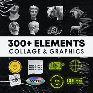 May include: A collage of over 300 graphic design elements, including illustrations, logos, and text. The elements are in black, white, and neon green colors. The text includes "300+ ELEMENTS", "COLLAGE & GRAPHICS", "ANTISOCIAL", "HELL NO", "COMPACT DISC+", "DIGITAL AUDIO", "WTF", "DO DOLBY DIGITAL".