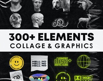 May include: A collage of over 300 graphic design elements, including illustrations, logos, and text. The elements are in black, white, and neon green colors. The text includes "300+ ELEMENTS", "COLLAGE & GRAPHICS", "ANTISOCIAL", "HELL NO", "COMPACT DISC+", "DIGITAL AUDIO", "WTF", "DO DOLBY DIGITAL".
