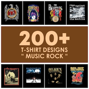 以下が含まれることがあります： 音楽バンドのロゴやアルバムアートワークがプリントされた黒いTシャツのコレクション。Slayer、Kiss、The Beatles、Rage Against the Machineなどのバンドのロゴが含まれています。画像には「200+ T-SHIRT DESIGNS MUSIC ROCK」というテキストも表示されています。