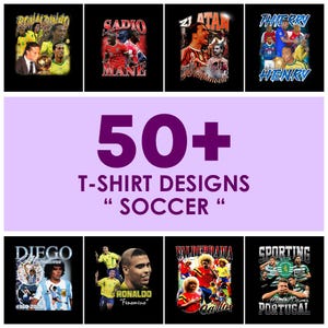 Op de afbeelding: Collectie voetbal-thema t-shirt ontwerpen. De afbeelding toont meerdere zwarte t-shirts met portretten van bekende voetballers en de tekst "50+ T-SHIRT DESIGNS SOCCER".