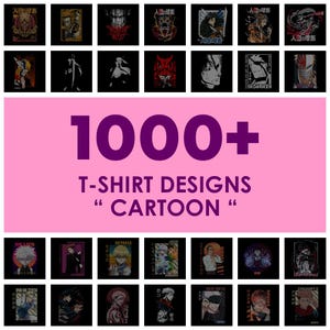 Paquete de más de 1000 diseños de camisetas, diseños de camisetas con dibujos animados japoneses, camisetas coloridas PNG, camisetas modernas para hombres, mujeres y niños, descarga digital