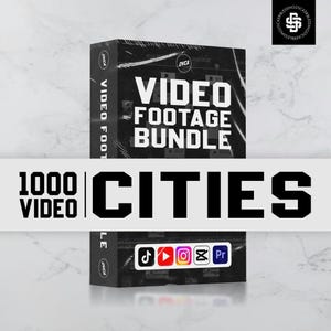 May include: A black and white Video Footage Bundle box with the text "VIDEO FOOTAGE BUNDLE". Below the box is the text "1000 VIDEO | CITIES". The box also displays social media icons for TikTok, YouTube, Instagram, CapCut, and Premiere Pro.