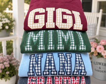 Personalized Grandma Gingham Applique Sweatshirt, Custom Name Crewneck, Embroidered Nana Mimi Gigi Shirt, Grandkids Names Grandma Gift