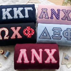 Custom Embroidered Greek Letter Applique Sweatshirt, Sorority Floral Letters Crewneck, Gingham Greek Shirt, College Apparel, Big Little Gift