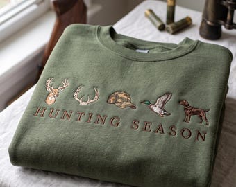 Embroidered Minimalist Hunting Season Sweatshirt, Deer Duck Turkey Icons
