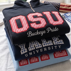 Embroidered Custom Gingham College Quarter Zip Sweatshirt, Campus Apparel Game Day Varsity