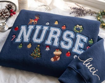 Embroidered Christmas Nurse Sweatshirt, Applique Patchwork Winter Nurse Jumper, Christmas Snowflake Nurse Shirt, Holiday Nurse Gift