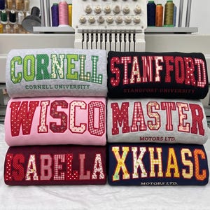 Embroidered Patchwork Sweatshirt, Custom Varsity Applique Crewneck, Personalized College Sweatshirt, Preppy Campus Embroidered Apparel