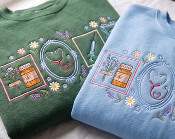 Embroidered Nurse Coquette Sweatshirt, Medical Symbols Crewneck, Cottagecore Floral Shirt, RN Gift