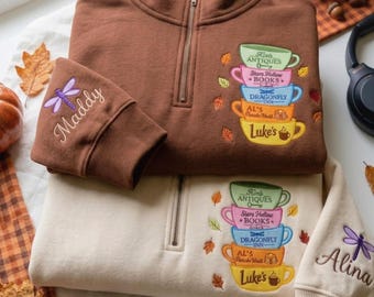 Fall Coffee Cups Embroidered Quarter Zip Sweatshirt, Cozy Autumn Bookish Pullover, Stars Town Inspired Crewneck, Personalized Sleeve Gift