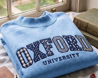 Embroidered Custom Varsity Applique Mock Neck Sweatshirt, Personalized College Name Crewneck, Patchwork Embroidery Gift, Preppy Pullover