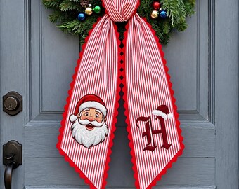 Embroidered Personalized Christmas Wreath Sash, Christmas Front Door Decor Gift, Santa Claus Embroidery Applique, Monogram Letter Wreath Bow