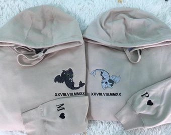Custom Embroidered Roman Numeral Couple Sweatshirts, Embroidered Dragon, Personalized Valentine, Anniversary, Engagement Gift
