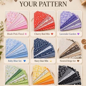 May include: A grid of nine fabric swatch sets labeled CHOOSE YOUR PATTERN. Each set features various patterns including floral, gingham, polka dot, and star prints in color palettes of pink, red, purple, blue, navy, beige, green, yellow, and black.