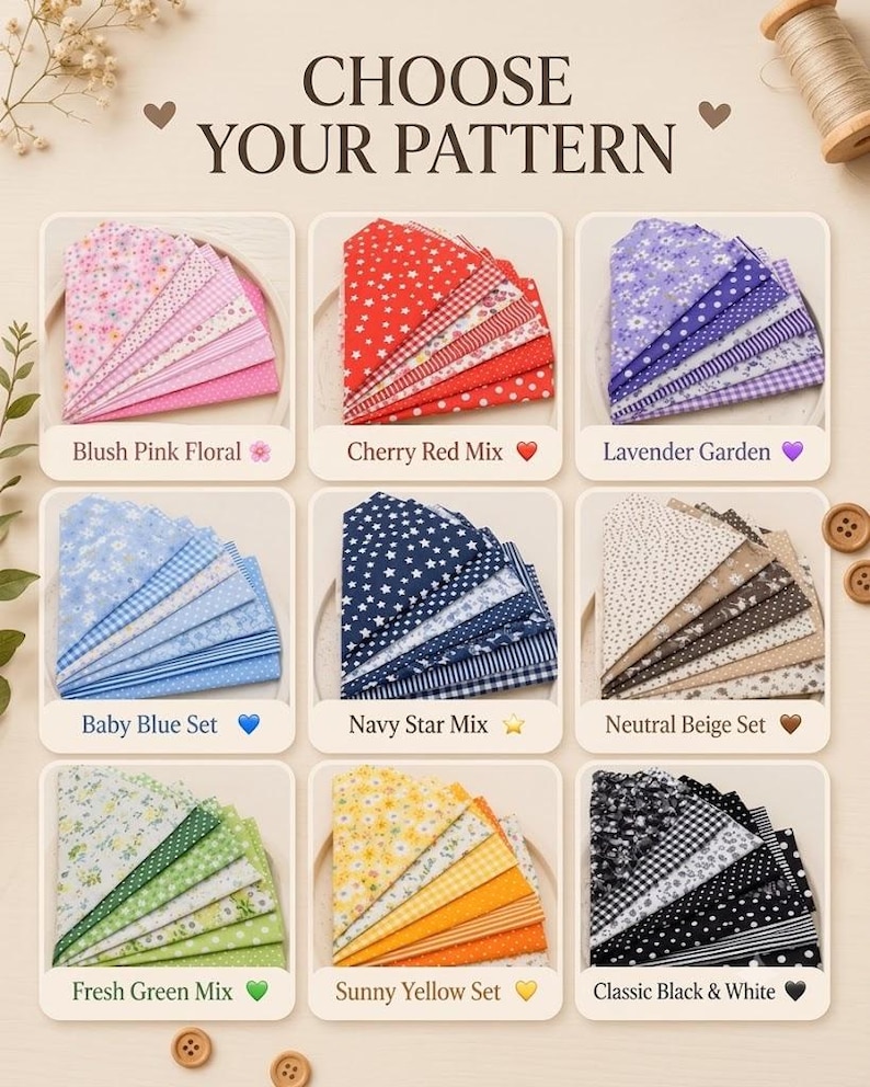 May include: A grid of nine fabric swatch sets labeled CHOOSE YOUR PATTERN. Each set features various patterns including floral, gingham, polka dot, and star prints in color palettes of pink, red, purple, blue, navy, beige, green, yellow, and black.