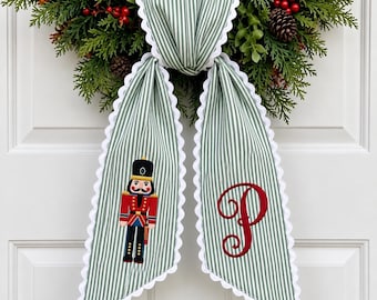 Embroidered Personalized Nutcracker Seersucker Wreath Sash, Monogram Holiday Door Decor