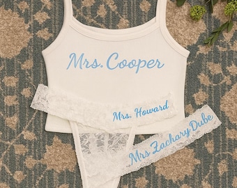 Personalized Bridal Lingerie Set – Custom Embroidered Tank Top, Lace Panties & Garter with Name – Light Blue Wedding Gift for Bride