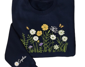 Custom Floral Embroidered Sweatshirt: Personalized Name Sleeve