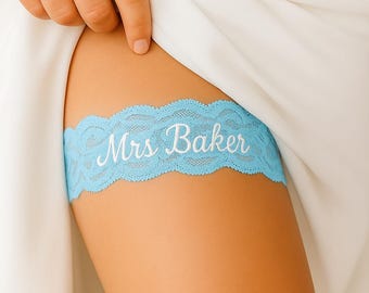 Personalized Bridal Garter, Custom Name Lace Wedding Garter with Embroidery, Something Blue Bride Gift, Blue garter wedding