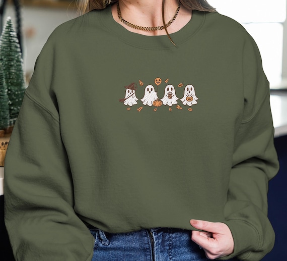 Embroidered Halloween Ghost Sweatshirt: Spooky Fall Crewneck