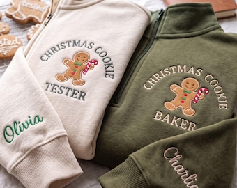 Embroidered Gingerbread Baker and Tester Quarter Zip Sweatshirt, Matching Holiday Shirt, Christmas Cookie Crewneck, Family Outfit Gift