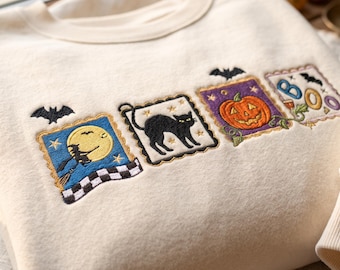 Embroidered Retro Halloween Shirt, Halloween Sweatshirt, Vintage Spooky Season Tee, Crewneck, Pumpkin Ghost Black Cat Fall Graphic Gift